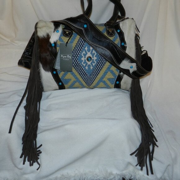 Myra Crashing Waves Fringed Hair On Leather Travel Tote Bag🆕FAST😮‍💨⚡🚚 - Picture 3 of 16